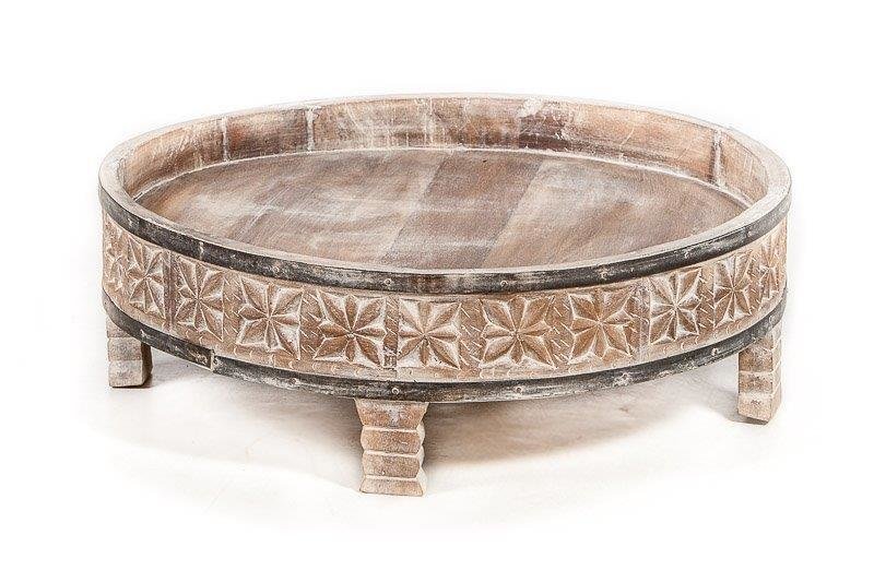 houten gekerfde chakki tafel uit India - antiek grey washed