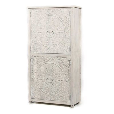 oosterse buffet kast hoog model - white washed met lotus houtsnijwerk &amp; 4 deuren