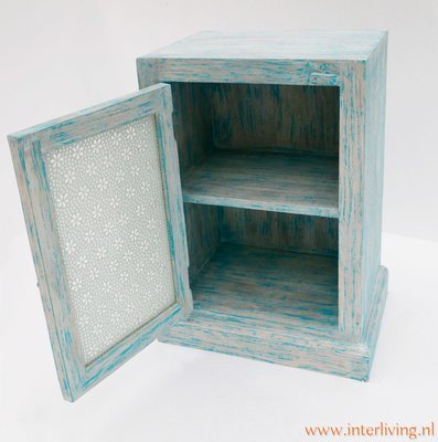 nachtkastje mangohout - blue washed - met mozaïek flower design