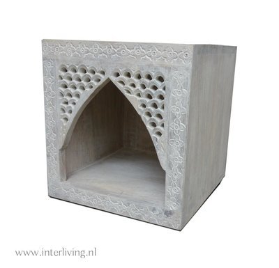 kastje van mango hout met houtsnijwerk van oosterse bogen - white wash  - 35 cm