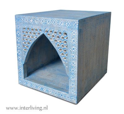 kastje van mango hout met houtsnijwerk van oosterse bogen - blue wash  - 35 cm