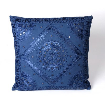 sierkussen groot formaat in indigo blauw met mirror spiegeltjes en borduurwerk - handgemaakt van katoen