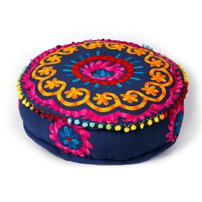 ronde poef 50 x 15 cm - Etnic Susani borduurwerk donker blauw