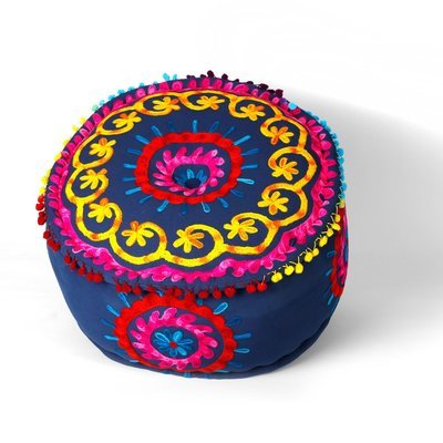 ronde poef 50 x 25 cm - Etnic Susani borduurwerk donker blauw
