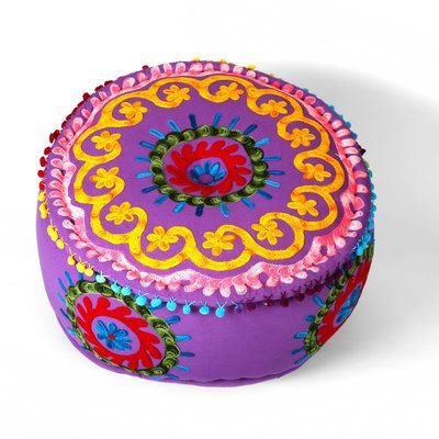 ronde poef 50 x 25 cm - Etnic Susani borduurwerk paars violet