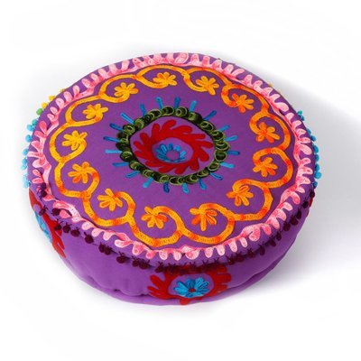 ronde poef 50 x 15 cm - Etnic Susani borduurwerk paars violet