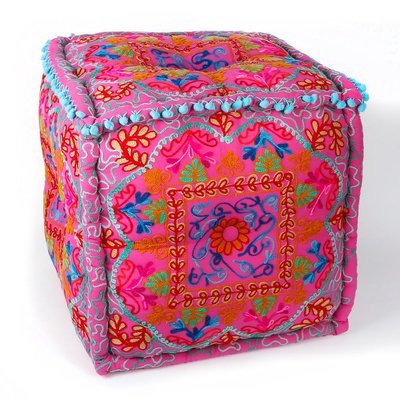 vierkante poef "Gipsy" 45 cm - Etnic Suzani borduurwerk - roze - handgemaakt van katoen