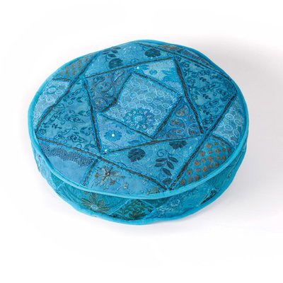 rond vloerkussen blauw patchwork