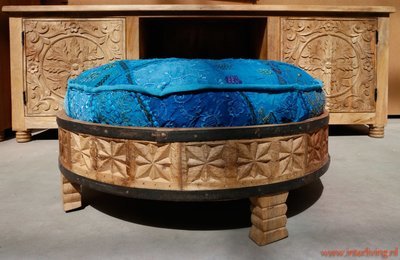 rond vloerkussen blauw patchwork