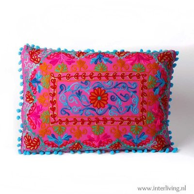 rechthoekig sierkussen "Gipsy" 50 x 35 cm - Etnic Suzani borduurwerk - roze - handgemaakt van katoen
