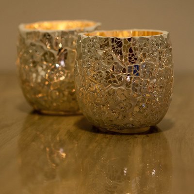 Twee stuks waxinehouders transparant zilver wit crackle glass