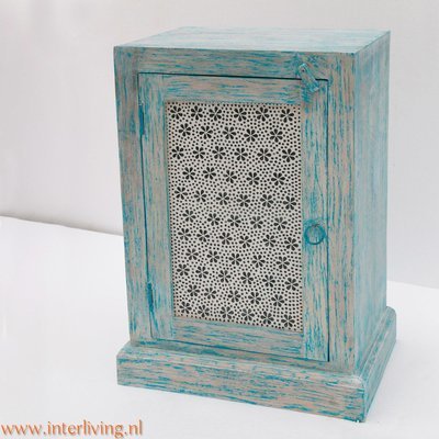 nachtkastje mangohout - blue washed - met mozaïek flower design nachtkastje mangohout - blue washed - met mozaïek flower design