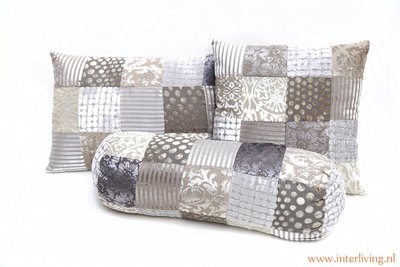 sierkussen rechthoekig in zilver -taupe- grijs tinten - velvet patchwork fluweel - 40 * 60 cm