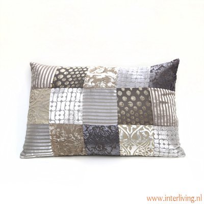 sierkussen rechthoekig in zilver -taupe- grijs tinten - velvet patchwork fluweel - 40 * 60 cm