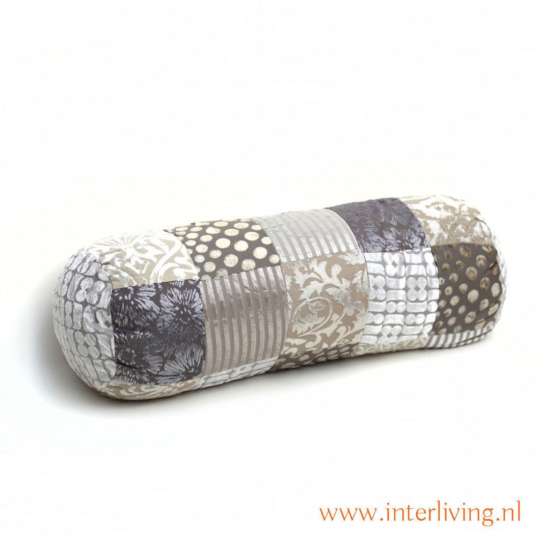 armrol velvet patchwork zilver - taupe - grijs tinten - velvet patchwork fluweel- 65 x 23 cm