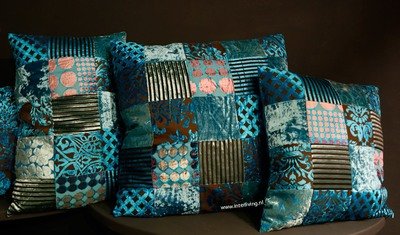 Beddensprei boho chique -  van velvet blauw &amp; turquoise tinten fluweel in patchwork uitvoering - handgemaakt uit India