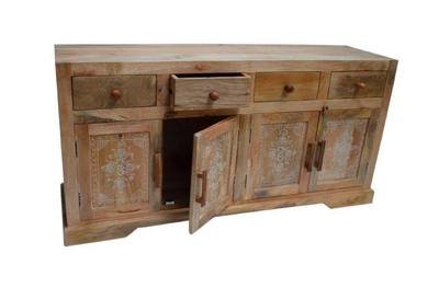 dressoir 150 cm - 4 deurs - mangohout - naturel -  hand beschilderde Indiase rangoli patronen op panelen