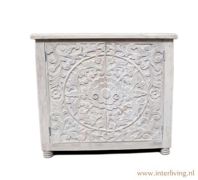 Dressoir white wash mangohout met lotus houtsnijwerk 76 x 76 x 40 cm