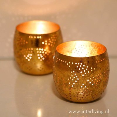 2 stuks Waxinehouders filigrain design met vintage goud look