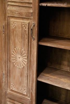 Ibiza cupboard / solid high weathered wooden cupboard grey washed 180*90*40 cm with old shutters and woodcarving