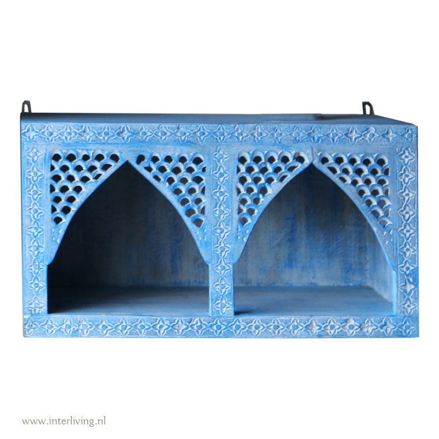 kastje van mango hout met houtsnijwerk van oosterse bogen - blue wash  - 66 cm