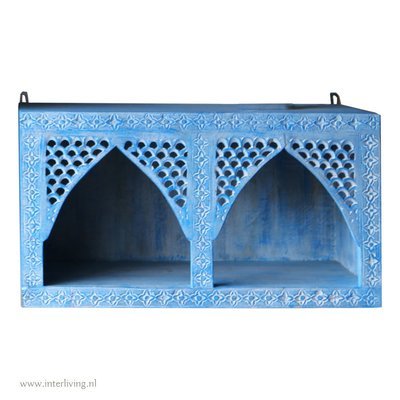 kastje van mango hout met houtsnijwerk van oosterse bogen - blue wash  - 66 cm