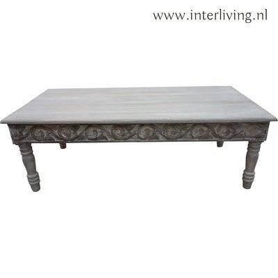 tafel van white/grey wash mango hout met prachtig lotus houtsnijwerk - 120*60*38