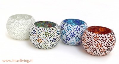 Grote Waxinehouder (15 cm) blauw glasmozaïek met flower design