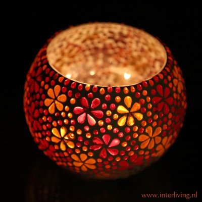 Grote Waxinehouder (15 cm) rood oranje glasmozaïek met flower design