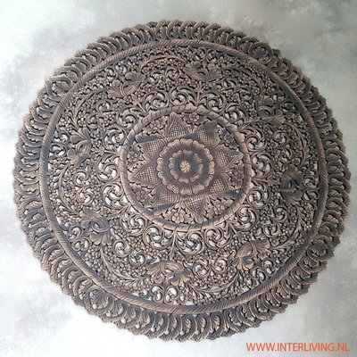 groot rond lotus muurpaneel - antiek was zwart  - houtsnijwerk teakhout - muurdecoratie van 5 houten panelen handgemaakt