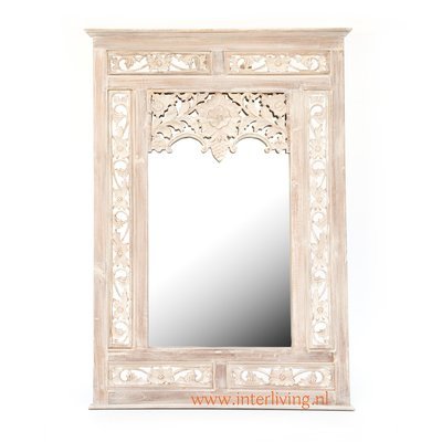 houten boho gebleekte passpiegel met oosters houtsnijwerk - antiek white wash -  120 cm x 80 cm
