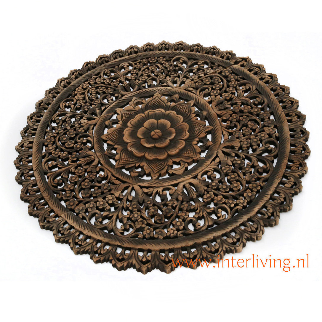 rond lotus wandpaneel - antiek was zwart  - houtsnijwerk teakhout - muurdecoratie van 3 houten panelen handgemaakt