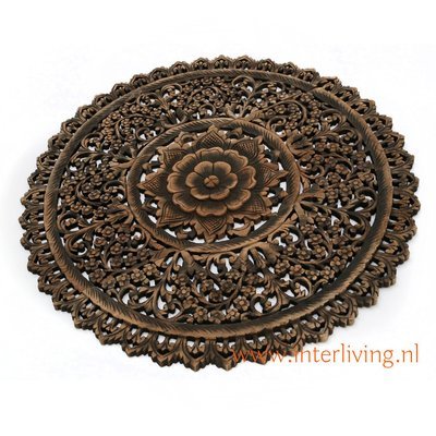 rond lotus wandpaneel - antiek was zwart  - houtsnijwerk teakhout - muurdecoratie van 3 houten panelen handgemaakt