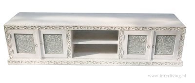 TV kast van mangohout white washed met transparant glasmozaiek - 205 cm lang