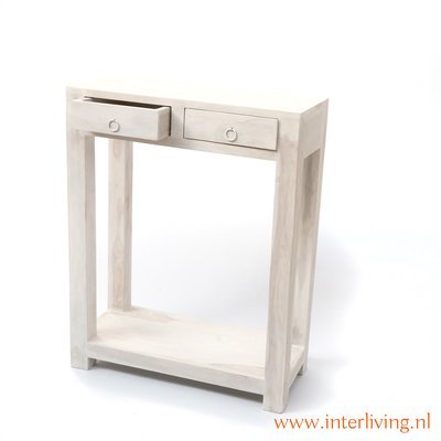 sidetable white washed sheesham hout / console / bijzettafel wit hout - twee laden sidetable white washed sheesham hout / console / bijzettafel wit hout - twee laden