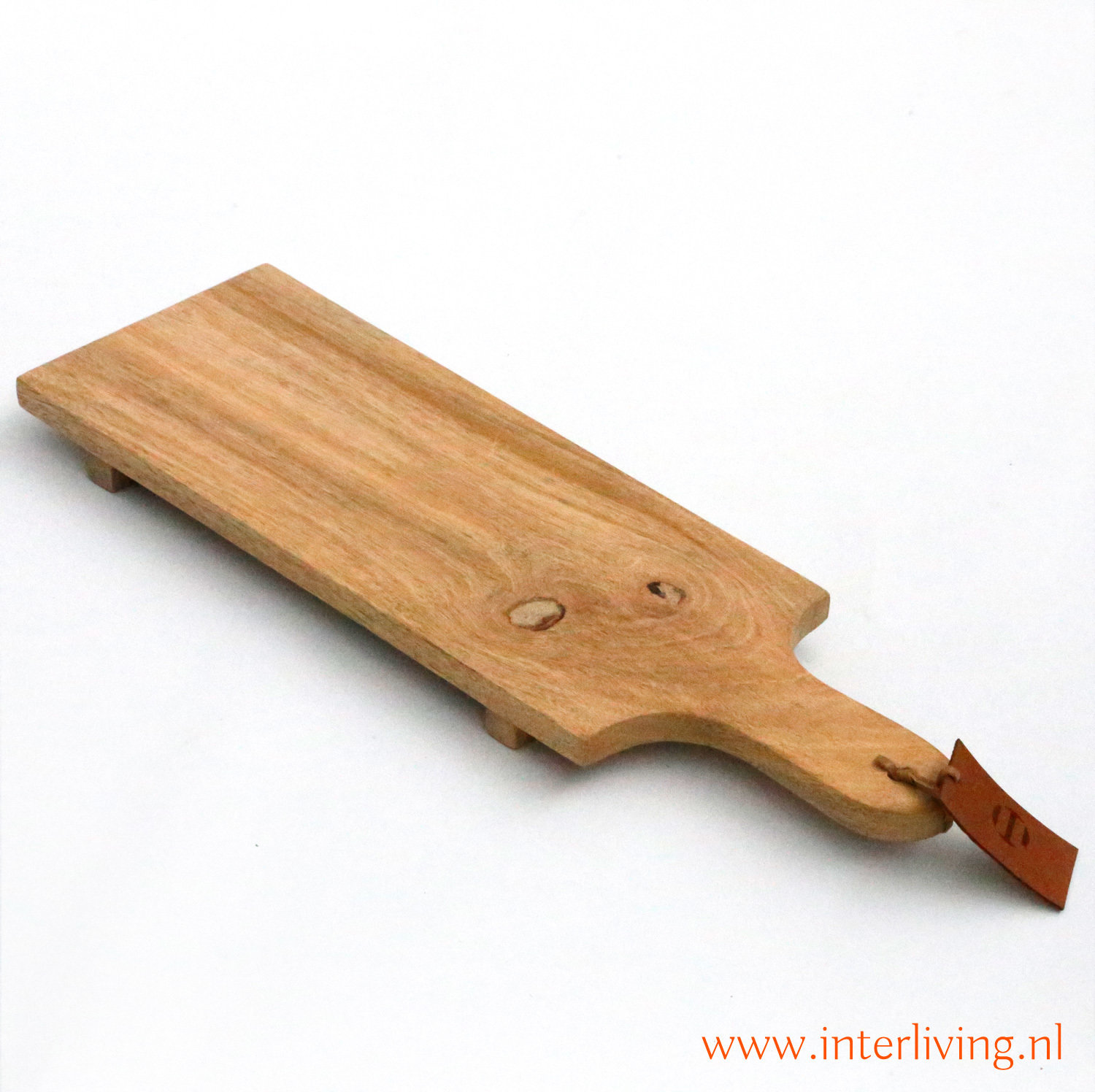 Kaasplank lang / borrelplank van mango hout - 54 x 16 cm - serveerplank met ophangkoortje van leer