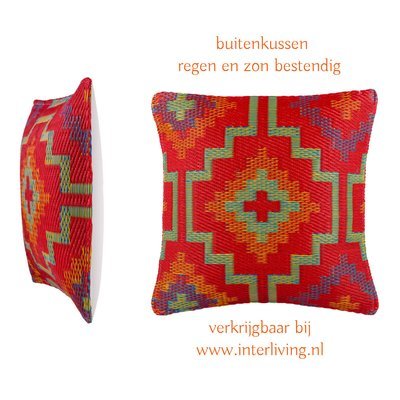 buitenkussen  rood, oranje, paars tinten - oosters kelim patroon - eco plastic