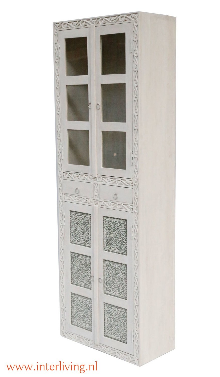 4 deurs vitrine kast met glas en transparante mozaïek panelen - 200 cm hoog