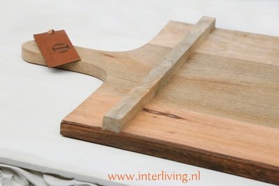 Kaasplank / borrelplank van mango hout- model rechthoek L- 80 x 40 cm met ophangkoord van leer