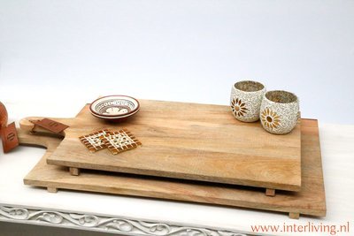 Kaasplank / borrelplank van mango hout- model rechthoek - een serveerplank met ophangkoord van leer