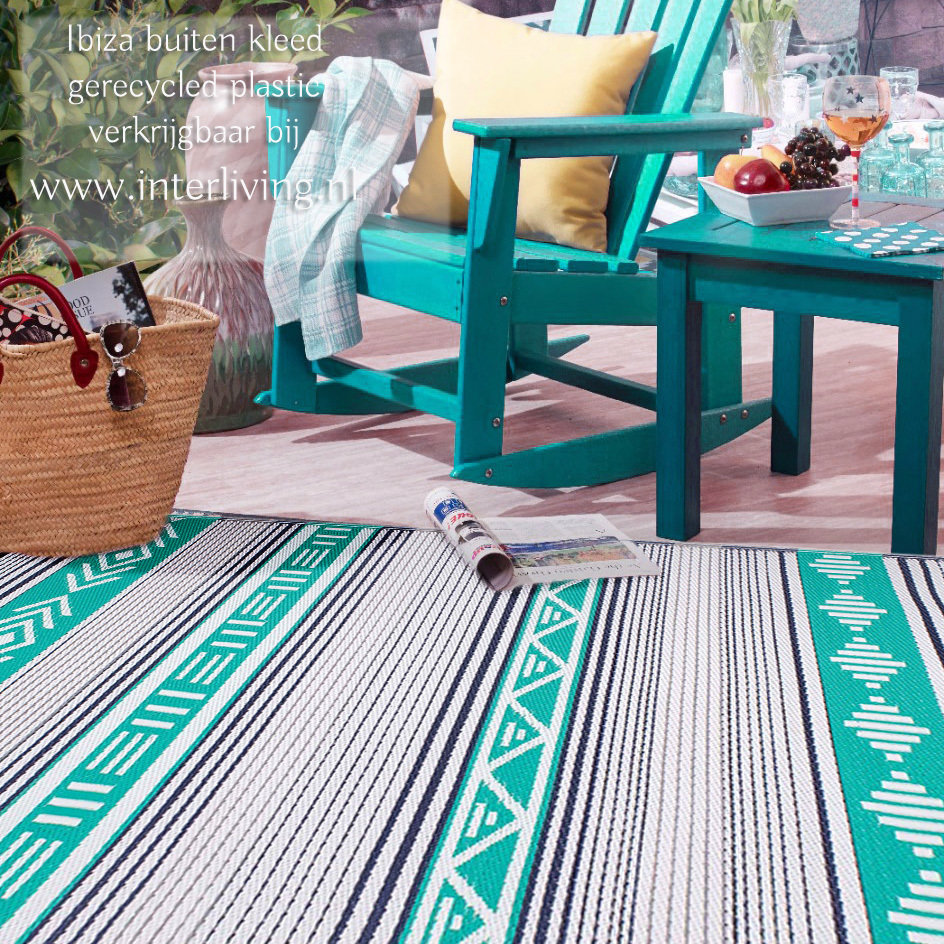 binnen & buiten vloerkleed Ibiza- omkeerbaar met streepjes en geometrische  patronen met groen turquoise tinten - meerdere maten / omkeerbaar /  tweezijdig
