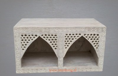 kastje van mango hout met houtsnijwerk van oosterse bogen - white wash  - 66 cm