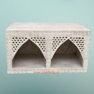 kastje van mango hout met houtsnijwerk van oosterse bogen - white wash  - 66 cm