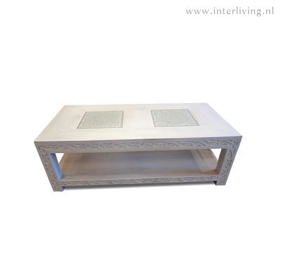 salon tafel mozaïek transparant / mangohout met houtsnijwerk - met white wash finish