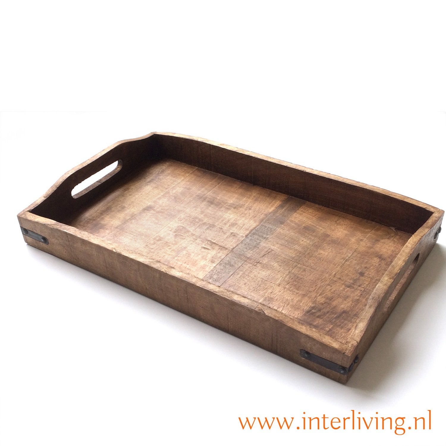 mangohout dienblad -rechthoek model 46 x 28 cm met zwart metaal