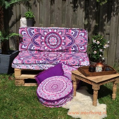 set Indiase kussenhoezen voor (euro) palletkussens - lotus print met paars en roze kleuren