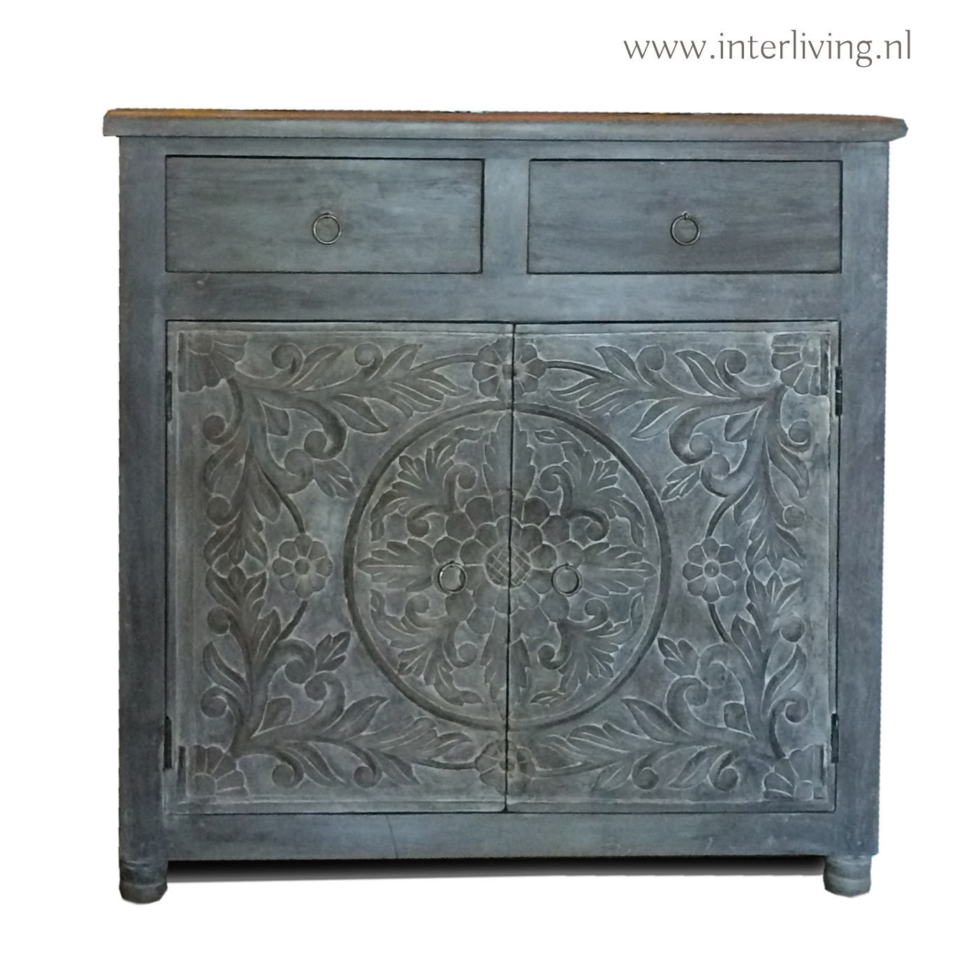 Dressoir grey washed met houtsnijwerk x 76 x cm