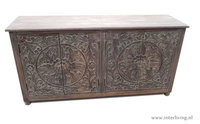 Dressoir grey washed mangohout met lotus houtsnijwerk 150 x 76 x 40 cm