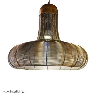 Industrieel chic - open grote hanglamp - zilver kleurig gevlochten draad met mangohout top Industrieel chic - open grote hanglamp - zilver kleurig gevlochten draad met mangohout top