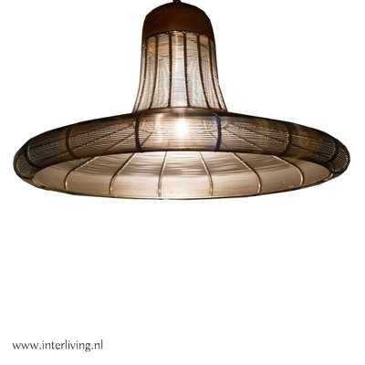 Industrieel chic - open platte hoed hanglamp - zilver kleurig gevlochten draad met mangohout top Industrieel chic - open platte hoed hanglamp - zilver kleurig gevlochten draad met mangohout top